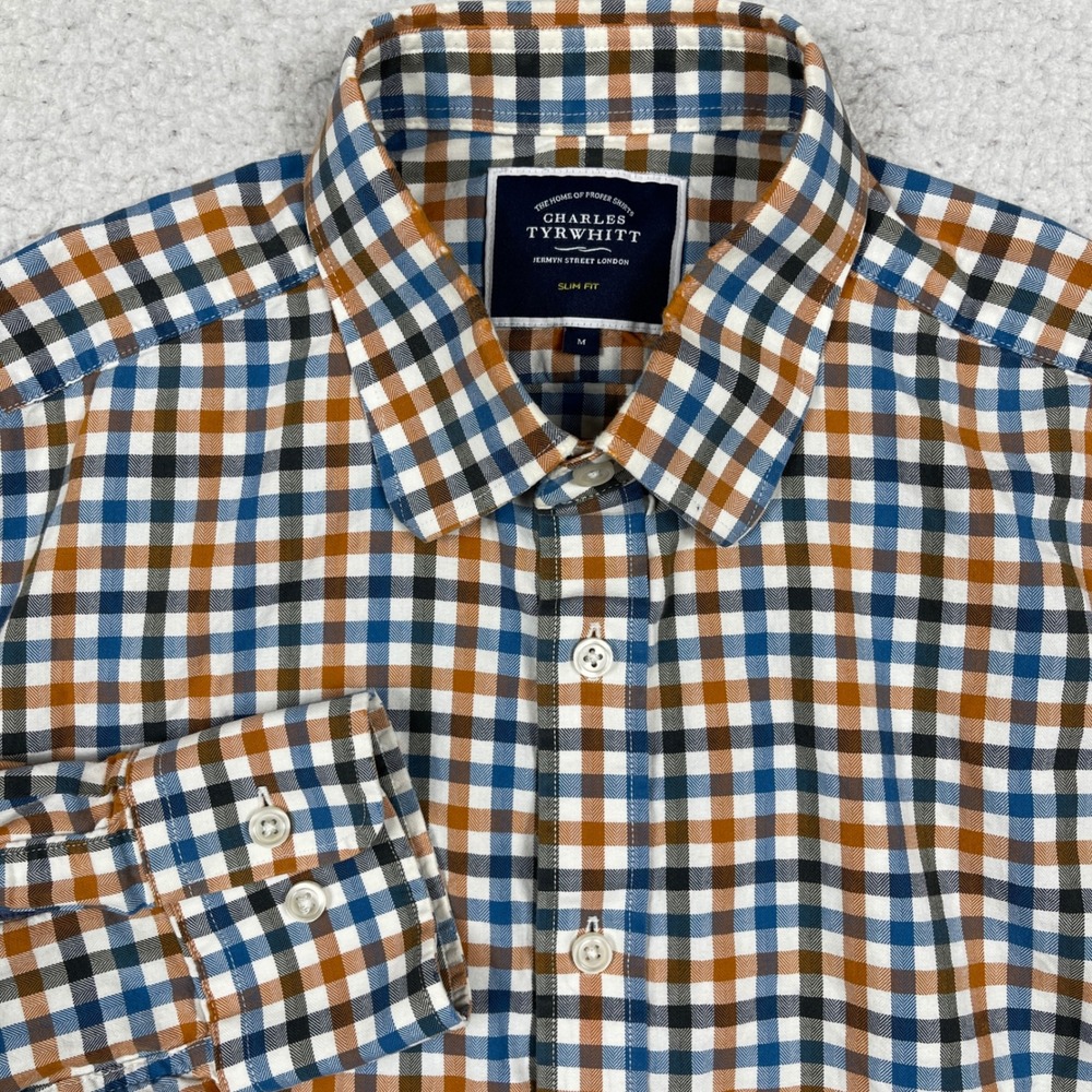 Charles Tyrwhitt Button Down Mens M Blue Orange Slim Fit Gingham Preppy Classic